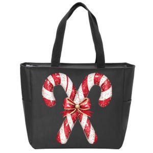 Retro Coquette Bow Candy Cane Christmas Season Zip Tote Bag