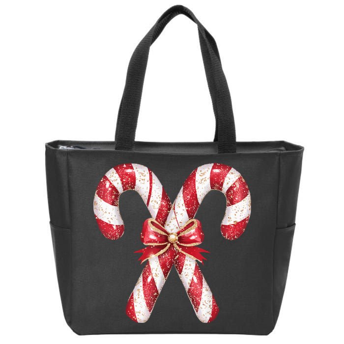 Retro Coquette Bow Candy Cane Christmas Season Zip Tote Bag