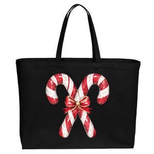 Retro Coquette Bow Candy Cane Christmas Season Cotton Canvas Jumbo Tote