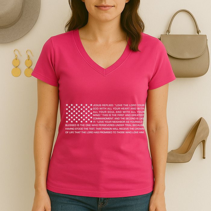 Religious Christianity Bible Verse USA American Flag Women's V-Neck T-Shirt