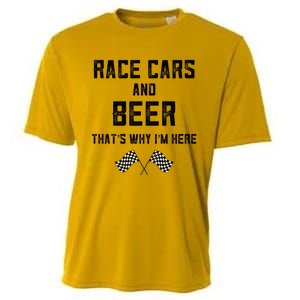 Race Cars Beer Thats Why Im Here Checkered Flag Race Day Gift Cooling Performance Crew T-Shirt