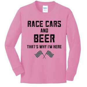 Race Cars Beer Thats Why Im Here Checkered Flag Race Day Gift Kids Long Sleeve Shirt