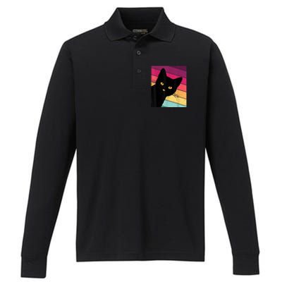 Retro Ca, Black Cat, Vintage Cat Performance Long Sleeve Polo