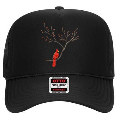 Red Cardinal Bird Lovers Birdwatching Birding Vintage High Crown Mesh Back Trucker Hat