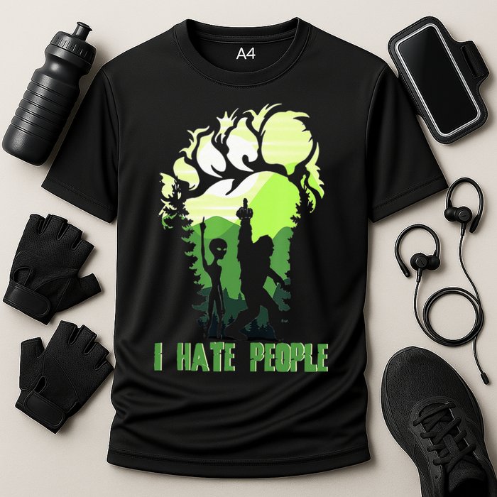 Retro Camping Bigfoot Sasquatch Middle Finger I Hate People Performance Shirt