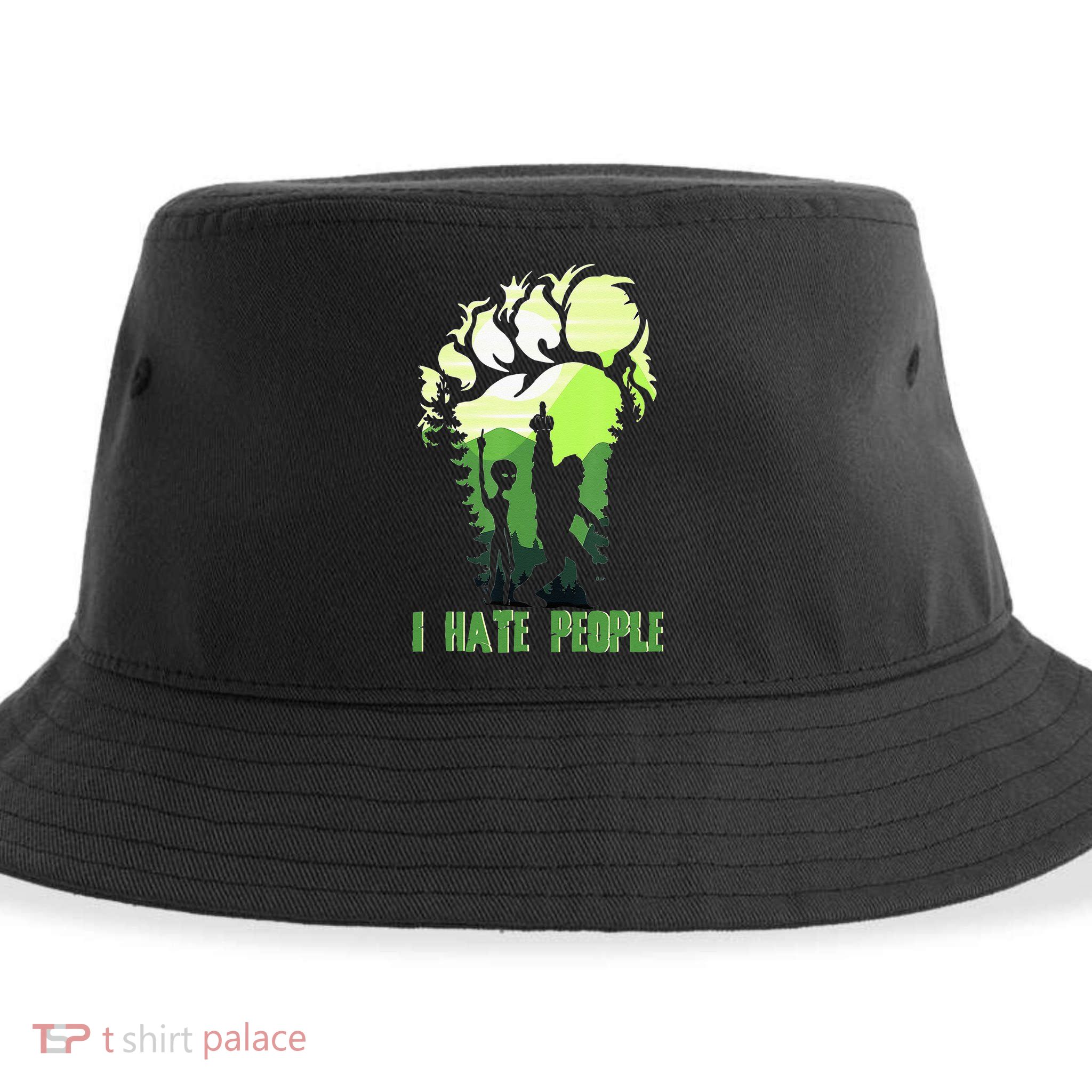 Retro Camping Bigfoot Sasquatch Middle Finger I Hate People Sustainable Bucket Hat