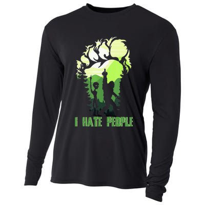 Retro Camping Bigfoot Sasquatch Middle Finger I Hate People Cooling Performance Long Sleeve Crew