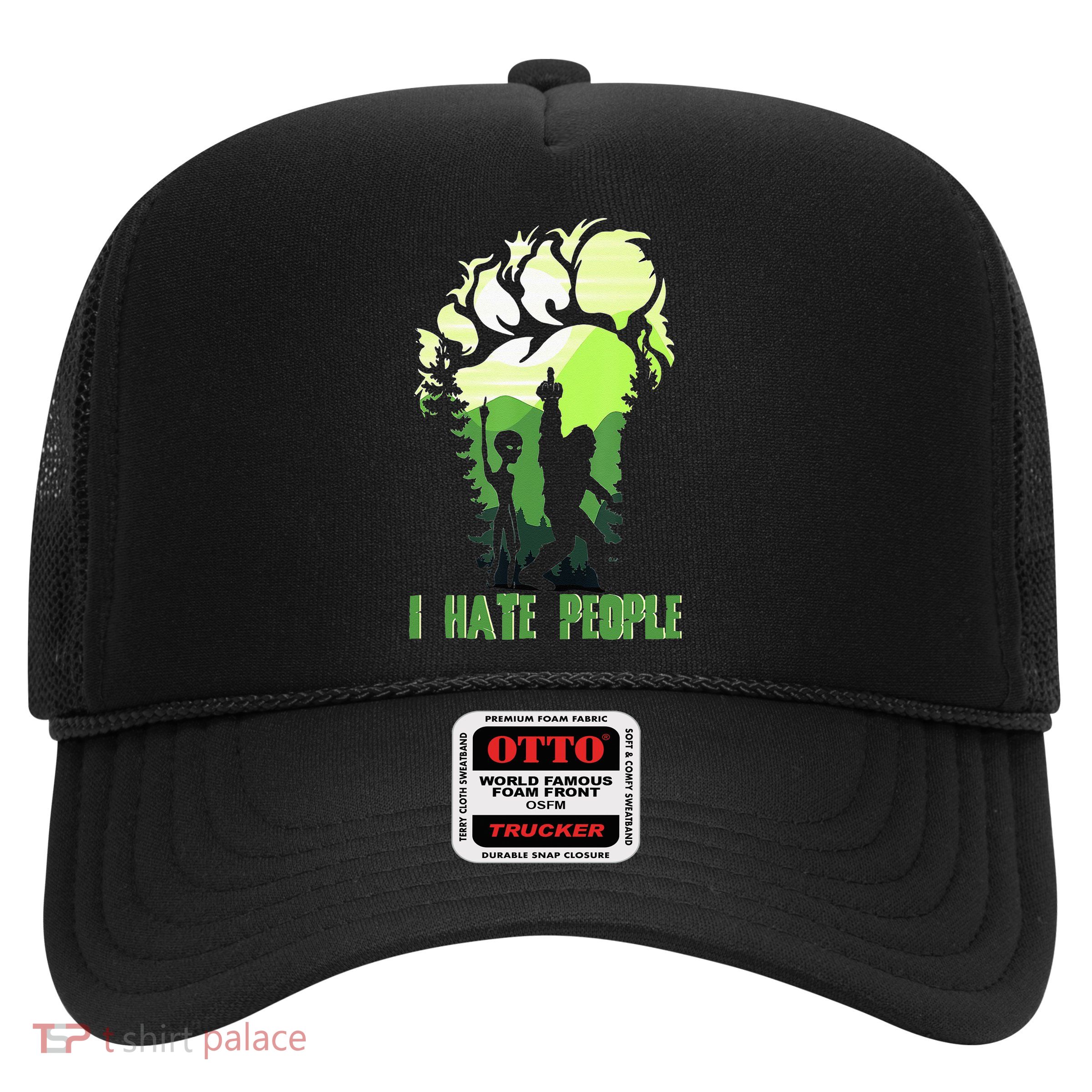 Retro Camping Bigfoot Sasquatch Middle Finger I Hate People Trucker Hat