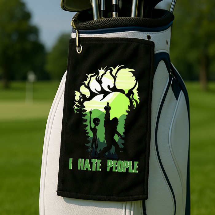 Retro Camping Bigfoot Sasquatch Middle Finger I Hate People Golf Towel