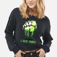 Retro Camping Bigfoot Sasquatch Middle Finger I Hate People Cropped Pullover Crew