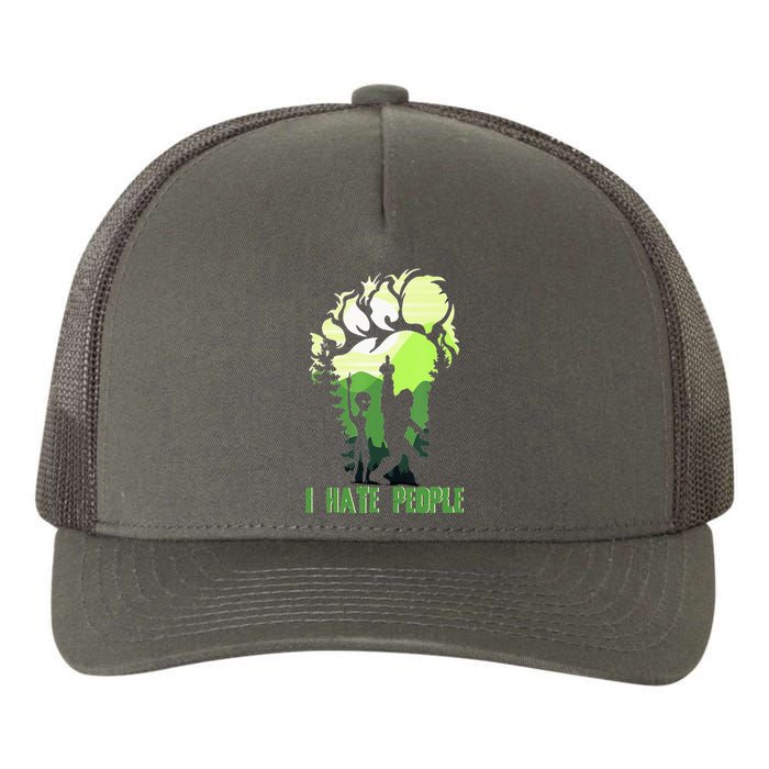 Retro Camping Bigfoot Sasquatch Middle Finger I Hate People Yupoong Adult 5-Panel Trucker Hat