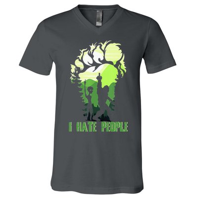 Retro Camping Bigfoot Sasquatch Middle Finger I Hate People V-Neck T-Shirt