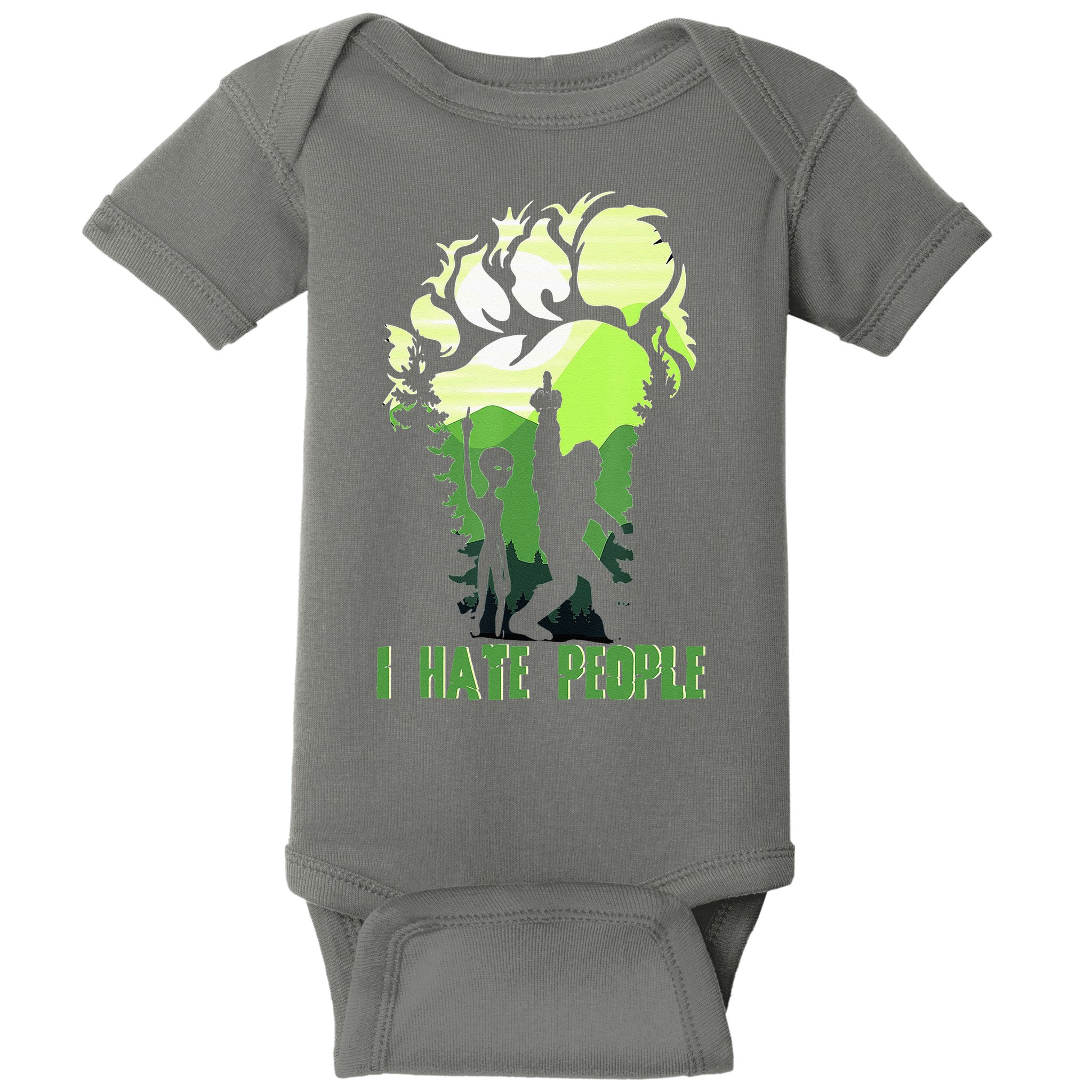 Retro Camping Bigfoot Sasquatch Middle Finger I Hate People Baby Bodysuit