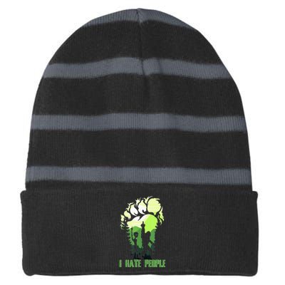 Retro Camping Bigfoot Sasquatch Middle Finger I Hate People Striped Beanie with Solid Band