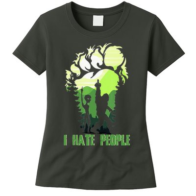 Retro Camping Bigfoot Sasquatch Middle Finger I Hate People Womens T-Shirt