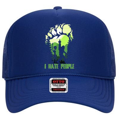 Retro Camping Bigfoot Sasquatch Middle Finger I Hate People High Crown Mesh Back Trucker Hat