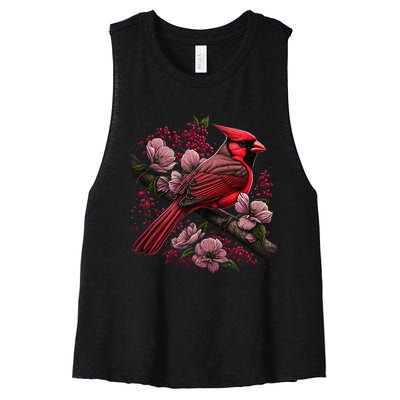 Red Cardinal Bird And Pink Flowering Dogwood Blossoms Women's Racerback Cropped Tank