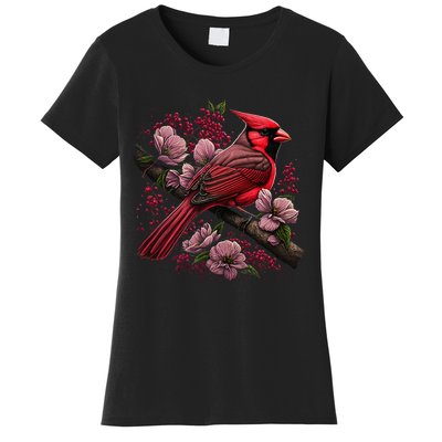 Red Cardinal Bird And Pink Flowering Dogwood Blossoms Women's T-Shirt