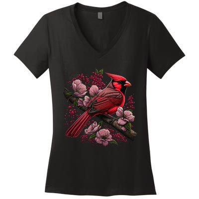 Red Cardinal Bird And Pink Flowering Dogwood Blossoms Women's V-Neck T-Shirt