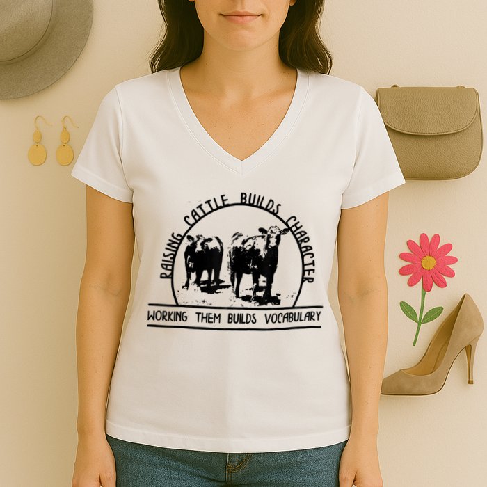 Raising Cattle Builds Character Working Them Builds Women's V-Neck T-Shirt