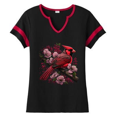 Red Cardinal Bird And Pink Flowering Dogwood Blossoms Ladies Halftime Notch Neck Tee