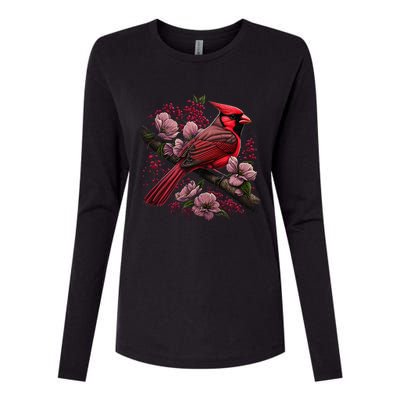 Red Cardinal Bird And Pink Flowering Dogwood Blossoms Womens Cotton Relaxed Long Sleeve T-Shirt