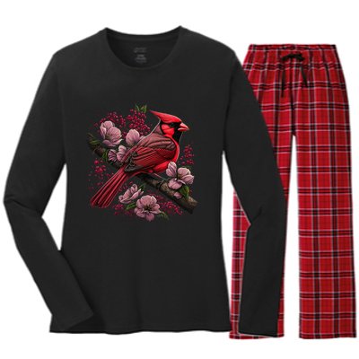 Red Cardinal Bird And Pink Flowering Dogwood Blossoms Women's Long Sleeve Flannel Pajama Set 