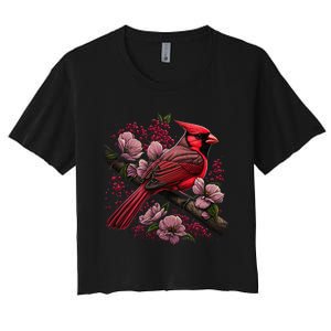 Red Cardinal Bird And Pink Flowering Dogwood Blossoms Women's Crop Top Tee