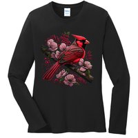 Red Cardinal Bird And Pink Flowering Dogwood Blossoms Ladies Long Sleeve Shirt