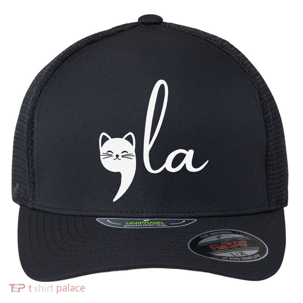 Retro Cat Comma La Kamala Harris For President 2024 Election Gift Flexfit Unipanel Trucker Cap