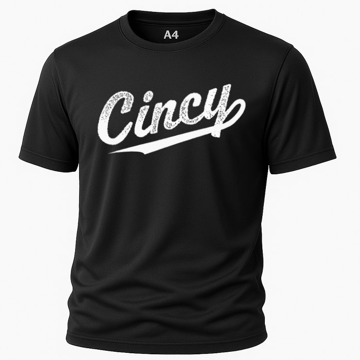 Retro Cincy Cincinnati Ohio Vintage Cursive Script Throwback Cooling Performance Crew T-Shirt