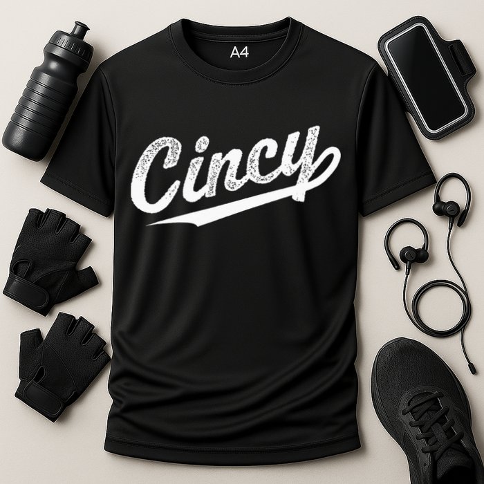 Retro Cincy Cincinnati Ohio Vintage Cursive Script Throwback Cooling Performance Crew T-Shirt