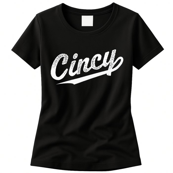 Retro Cincy Cincinnati Ohio Vintage Cursive Script Throwback Womens T-Shirt
