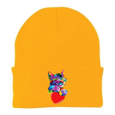 Rainbow Cute Cat Hugging Heart Kitty Love Cat Knit Cap Winter Beanie