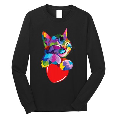 Rainbow Cute Cat Hugging Heart Kitty Love Cat Long Sleeve Shirt