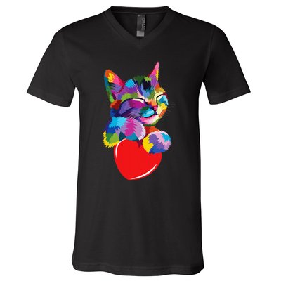 Rainbow Cute Cat Hugging Heart Kitty Love Cat V-Neck T-Shirt