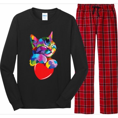 Rainbow Cute Cat Hugging Heart Kitty Love Cat Long Sleeve Pajama Set