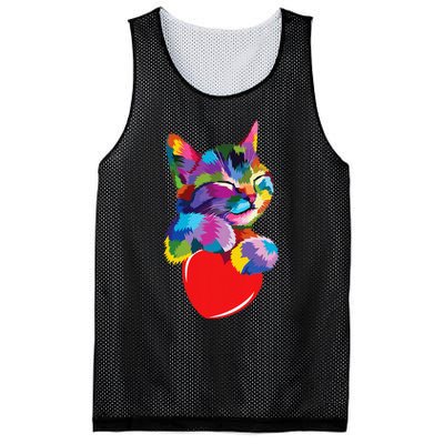 Rainbow Cute Cat Hugging Heart Kitty Love Cat Mesh Reversible Basketball Jersey Tank