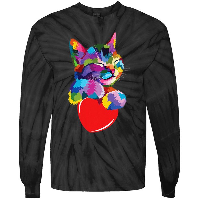 Rainbow Cute Cat Hugging Heart Kitty Love Cat Tie-Dye Long Sleeve Shirt