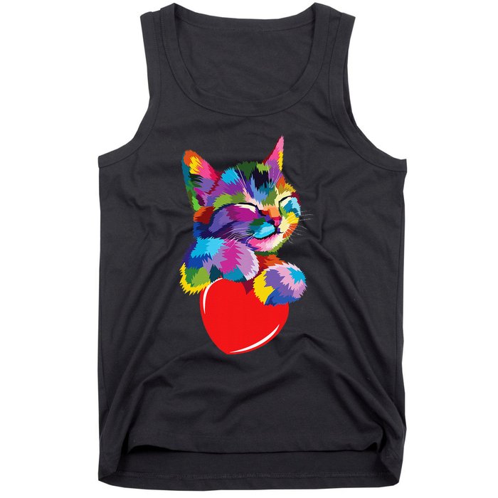 Rainbow Cute Cat Hugging Heart Kitty Love Cat Tank Top