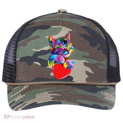 Rainbow Cute Cat Hugging Heart Kitty Love Cat Retro Rope Trucker Hat Cap