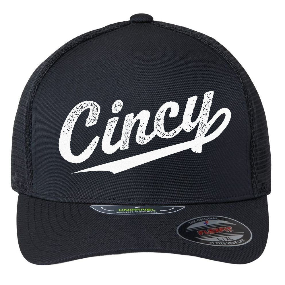 Retro Cincy Cincinnati Ohio Vintage Cursive Script Throwback Flexfit Unipanel Trucker Cap