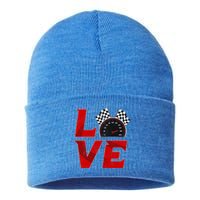 Race Car Checker Flag Love Auto Racing Gift Sustainable Knit Beanie