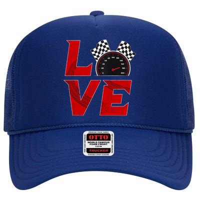 Race Car Checker Flag Love Auto Racing Gift High Crown Mesh Back Trucker Hat