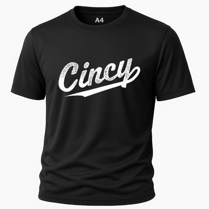 Retro Cincy Cincinnati Ohio Vintage Cursive Script Throwback Cooling Performance Crew T-Shirt