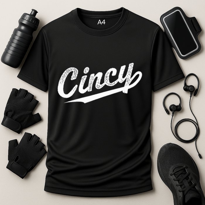 Retro Cincy Cincinnati Ohio Vintage Cursive Script Throwback Cooling Performance Crew T-Shirt