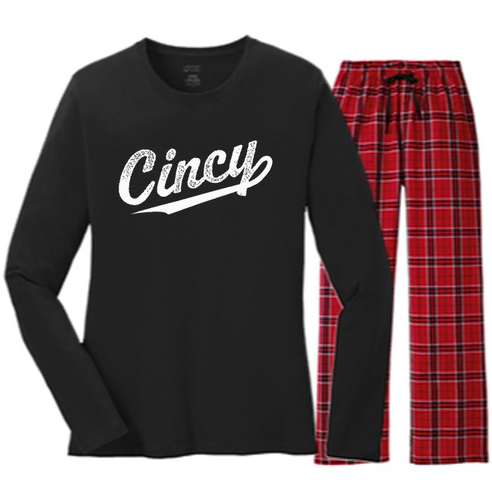 Retro Cincy Cincinnati Ohio Vintage Cursive Script Throwback Women's Long Sleeve Flannel Pajama Set 