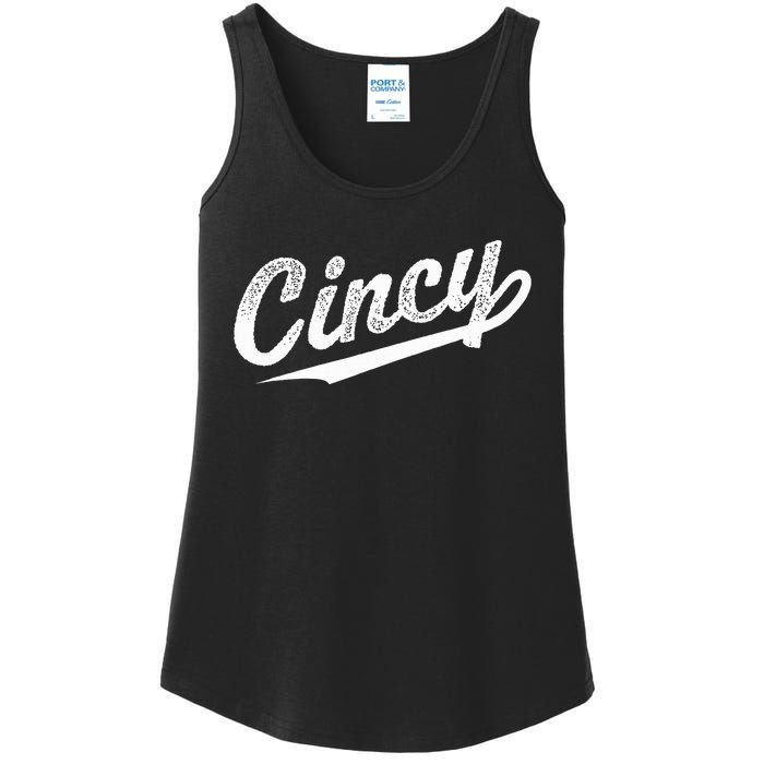 Retro Cincy Cincinnati Ohio Vintage Cursive Script Throwback Ladies Essential Tank