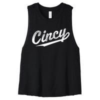 Retro Cincy Cincinnati Ohio Vintage Cursive Script Throwback Women's Racerback Cropped Tank