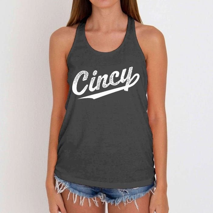 Retro Cincy Cincinnati Ohio Vintage Cursive Script Throwback Women's Knotted Racerback Tank